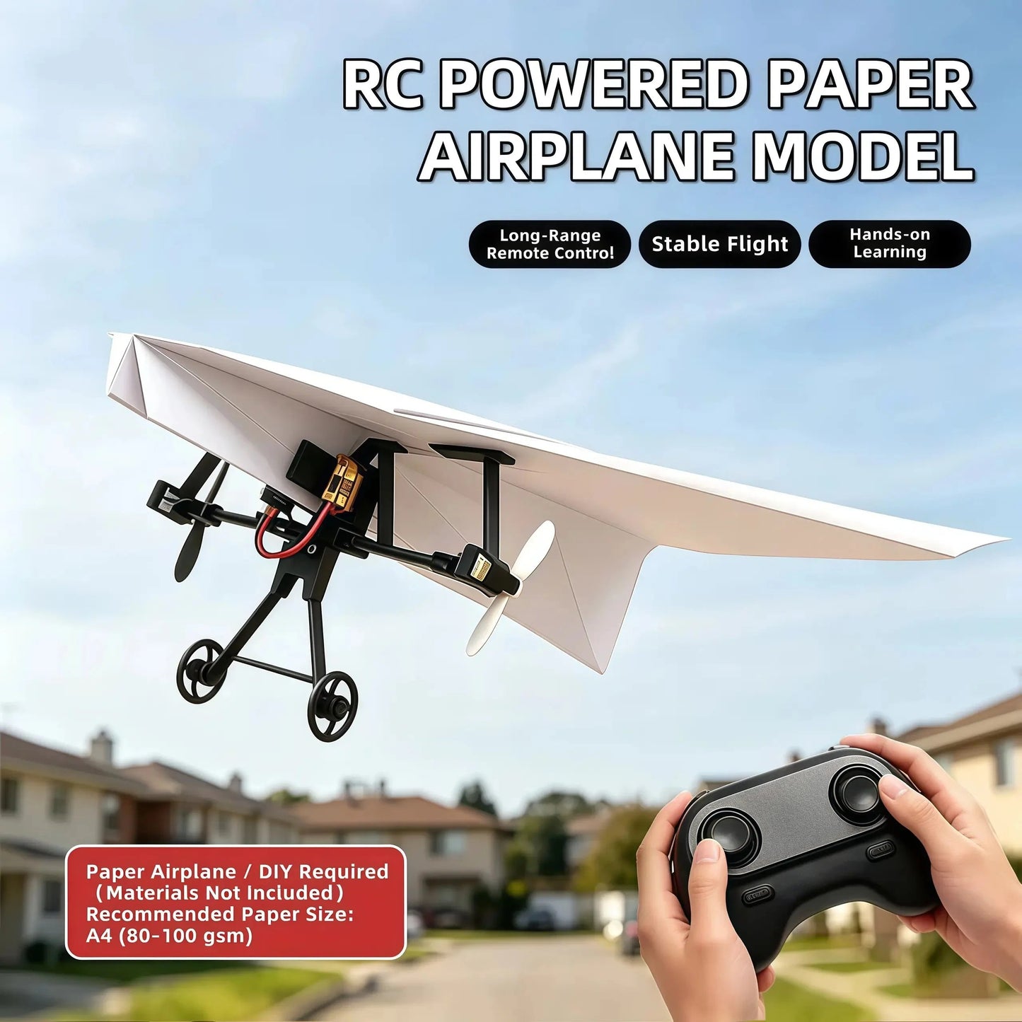 Paper Airplane Kit with Gyro Stabilizer – DIY Electric Remote Control Plane with Dual Propellers, Lightweight Foldable Flying STEM Toy